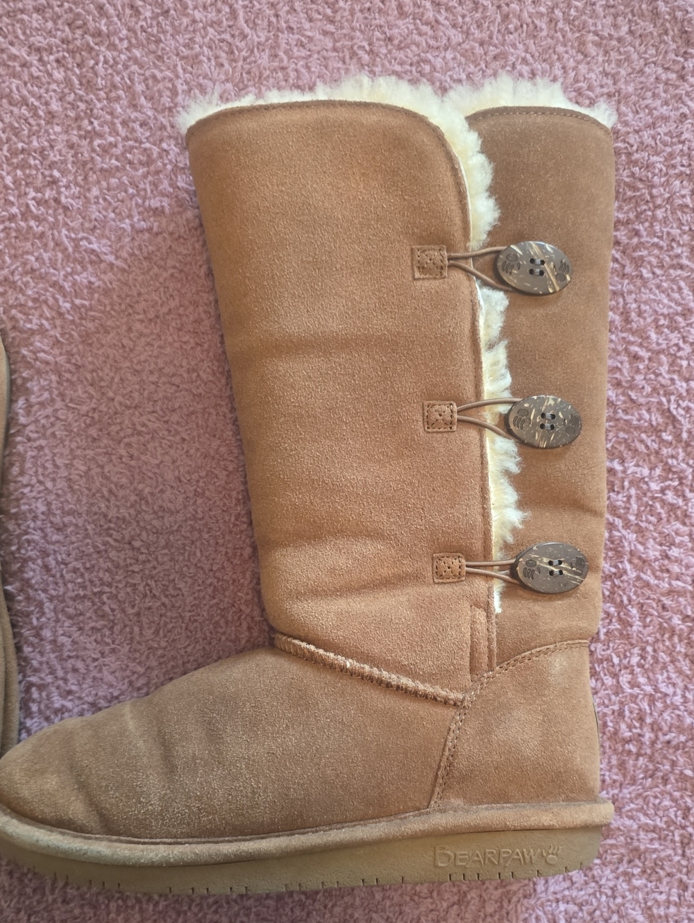 BearPaw Tan Suede Button-Accent Shearling Tall Boots Size 9